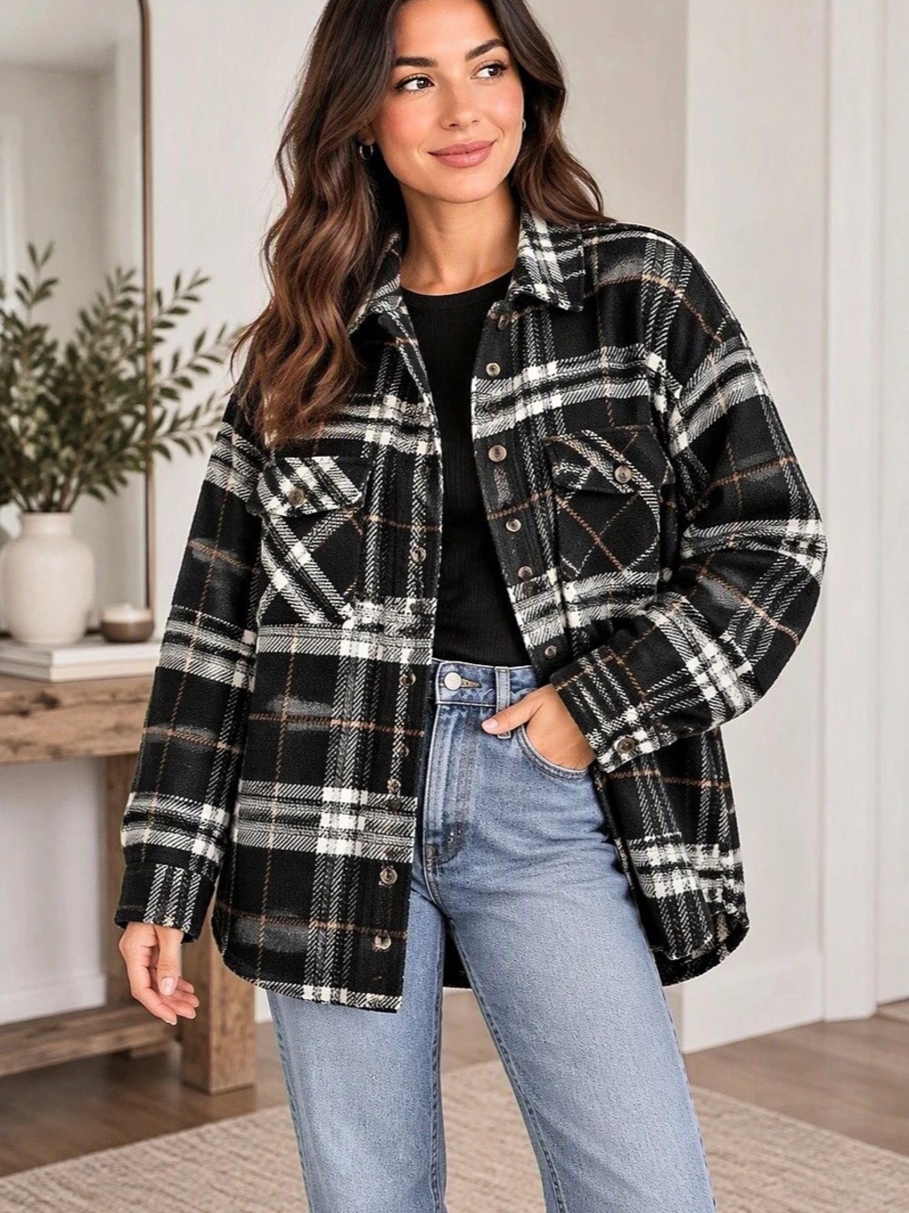Suzy Shier black plaid shacket oversized - size M